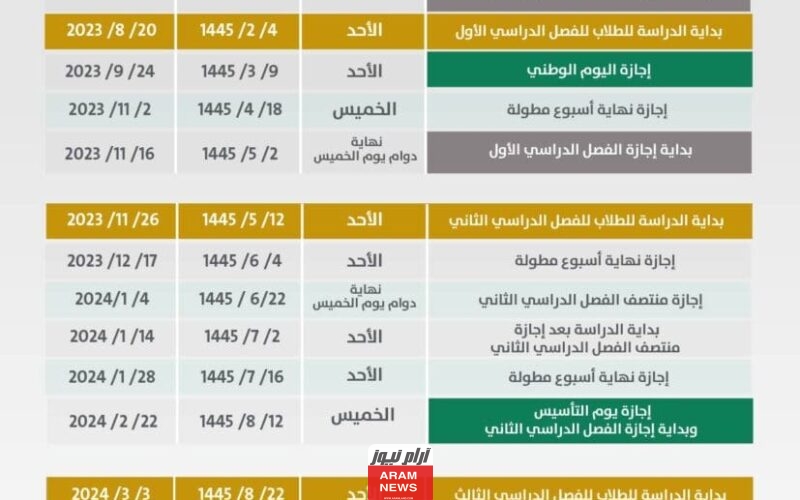 جدول العطل الرسمية في السعودية لعام 2024.. الجدول كاملاً